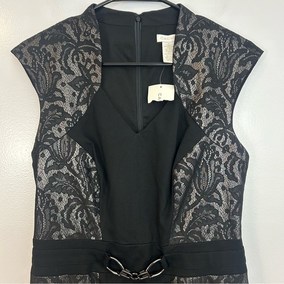 Cache Black/Silver Lace Cap Sleeve Sheath Cocktail Dress Size 10 - Picture 3 of 10